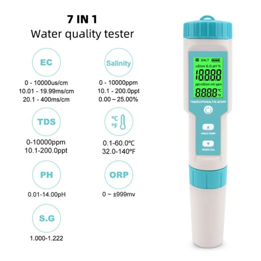 HEDAO - MEDIDOR 7 en 1: Ph - Temperatura - EC - Orp - Salinidad - Sg - Tds